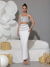 Modphy 2 Piece Set: Rhinestone Decor Camisole Crop Top + Long Skirt, Elegant Party Outfit For Women, 2024 New Arrival